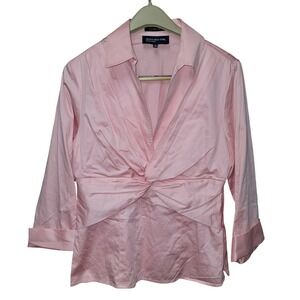 Jones New York Signature Blouse M Pink Twist Front V-Neck Cotton Y2K Barbie Chic